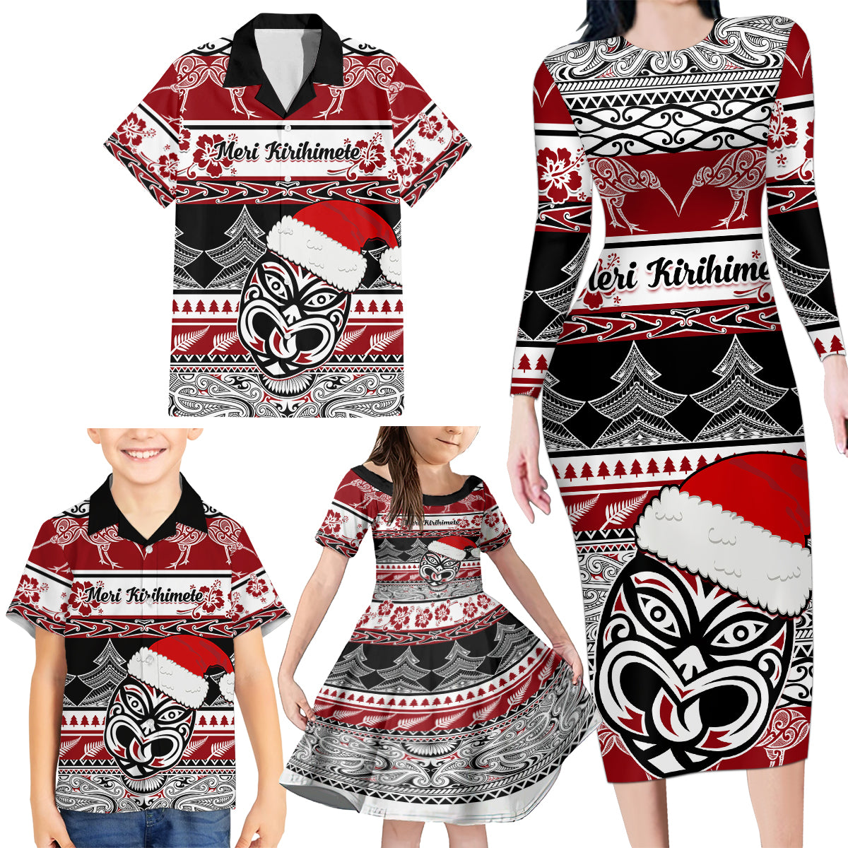 Custom New Zealand Christmas Family Matching Long Sleeve Bodycon Dress and Hawaiian Shirt Maori Meri Kirihimete Moko - Wonder Print Shop