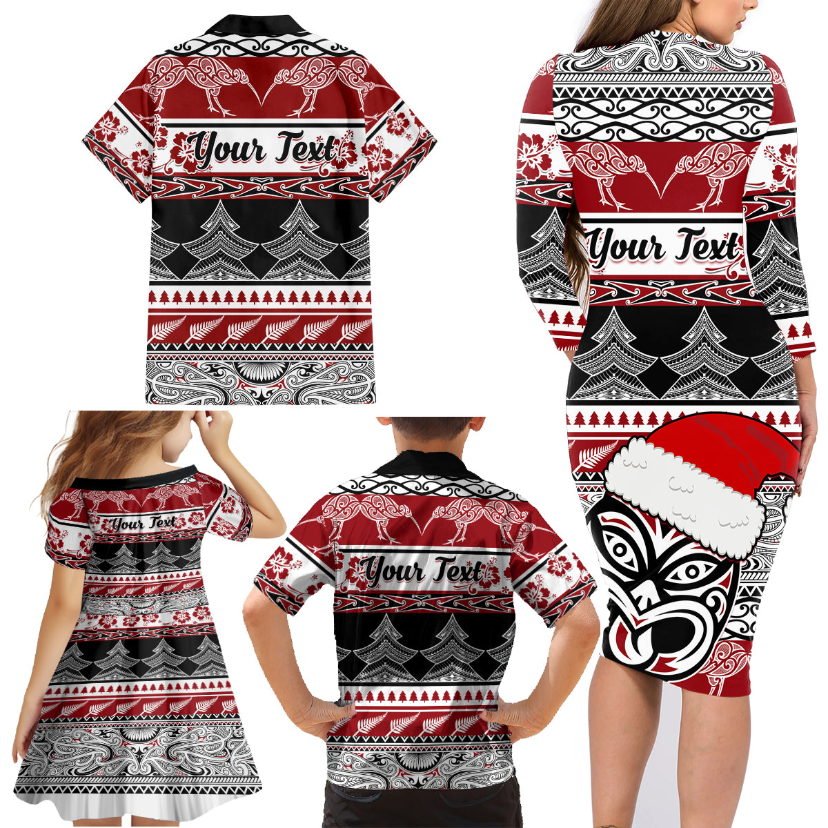 Custom New Zealand Christmas Family Matching Long Sleeve Bodycon Dress and Hawaiian Shirt Maori Meri Kirihimete Moko - Wonder Print Shop