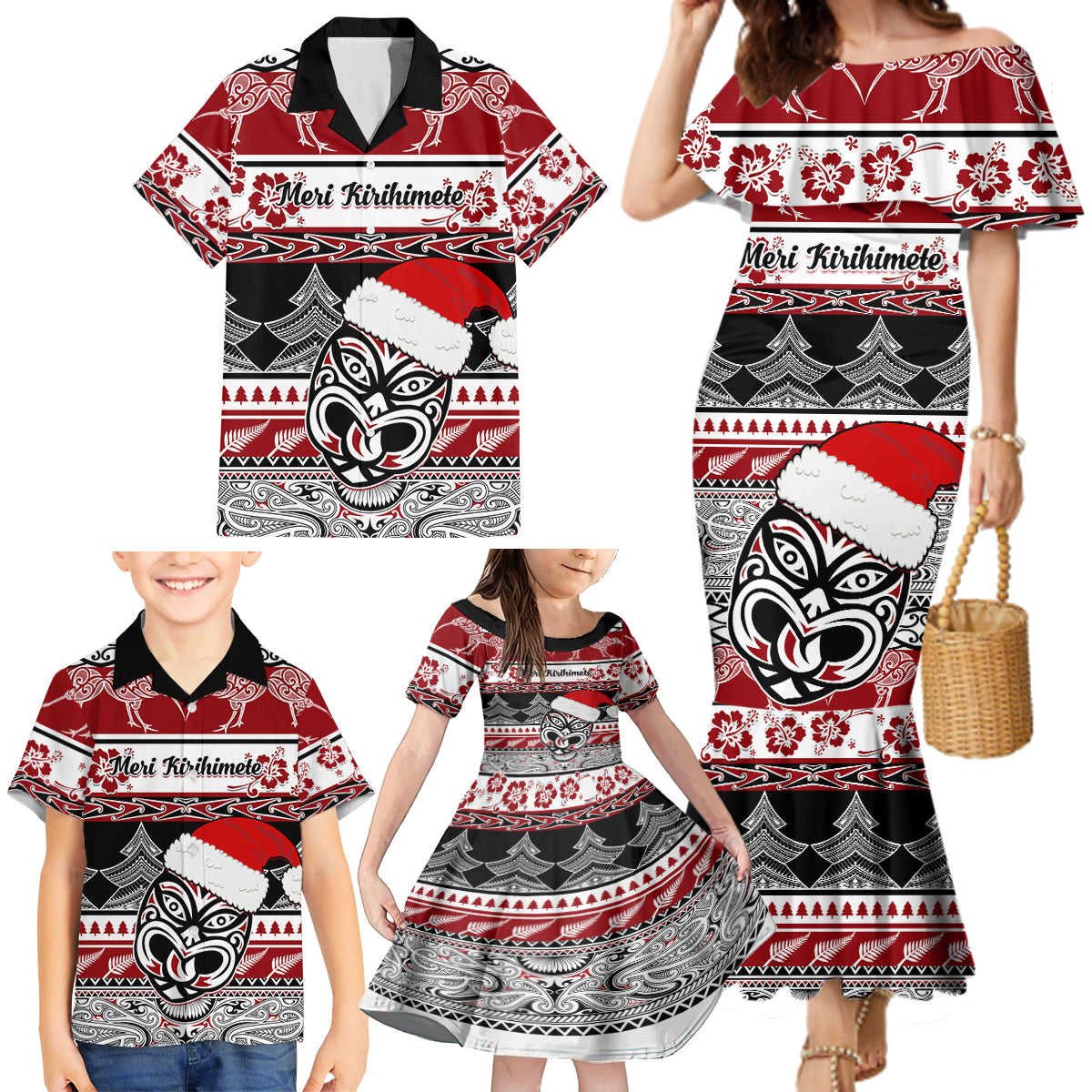 Custom New Zealand Christmas Family Matching Mermaid Dress and Hawaiian Shirt Maori Meri Kirihimete Moko - Wonder Print Shop