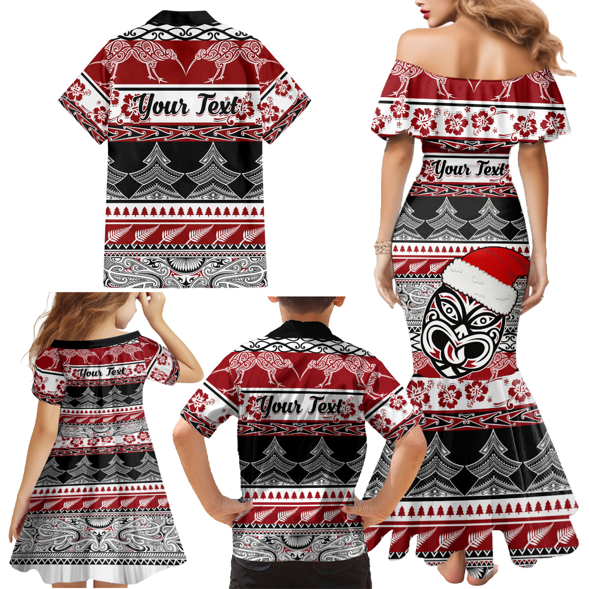 Custom New Zealand Christmas Family Matching Mermaid Dress and Hawaiian Shirt Maori Meri Kirihimete Moko - Wonder Print Shop