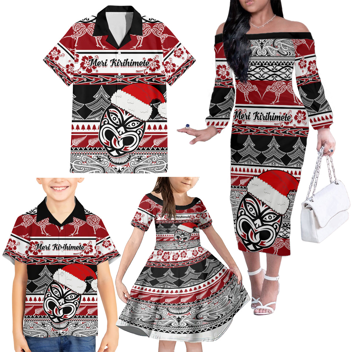 Custom New Zealand Christmas Family Matching Off Shoulder Long Sleeve Dress and Hawaiian Shirt Maori Meri Kirihimete Moko - Wonder Print Shop