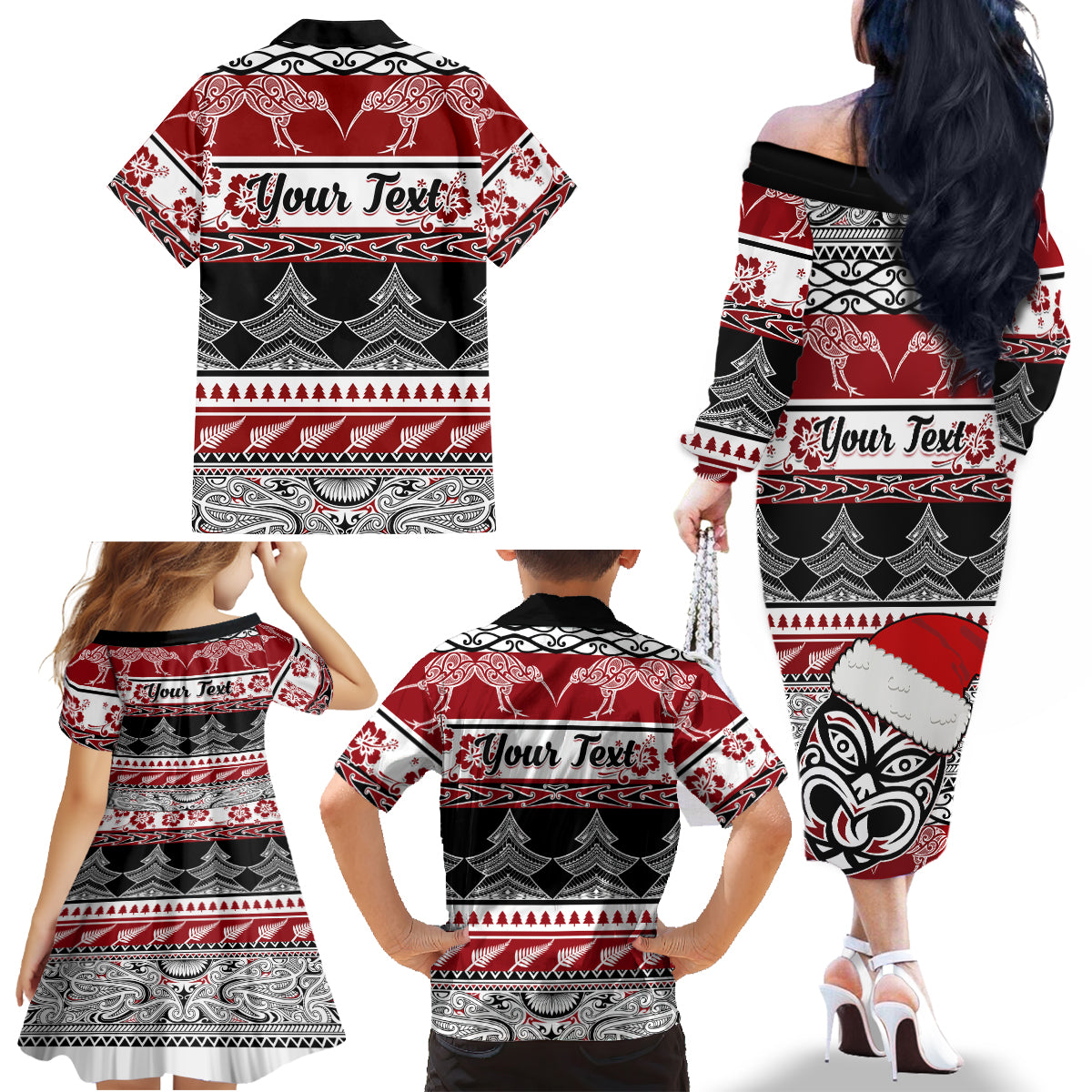 Custom New Zealand Christmas Family Matching Off Shoulder Long Sleeve Dress and Hawaiian Shirt Maori Meri Kirihimete Moko - Wonder Print Shop
