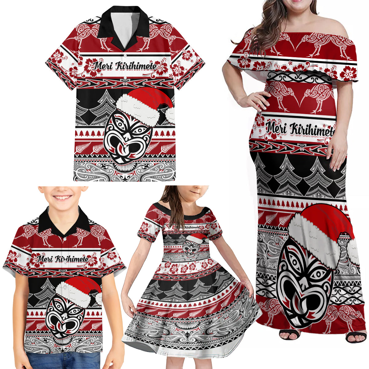 Custom New Zealand Christmas Family Matching Off Shoulder Maxi Dress and Hawaiian Shirt Maori Meri Kirihimete Moko - Wonder Print Shop