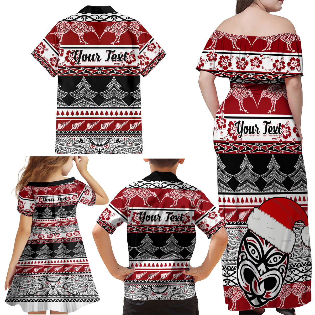Custom New Zealand Christmas Family Matching Off Shoulder Maxi Dress and Hawaiian Shirt Maori Meri Kirihimete Moko - Wonder Print Shop