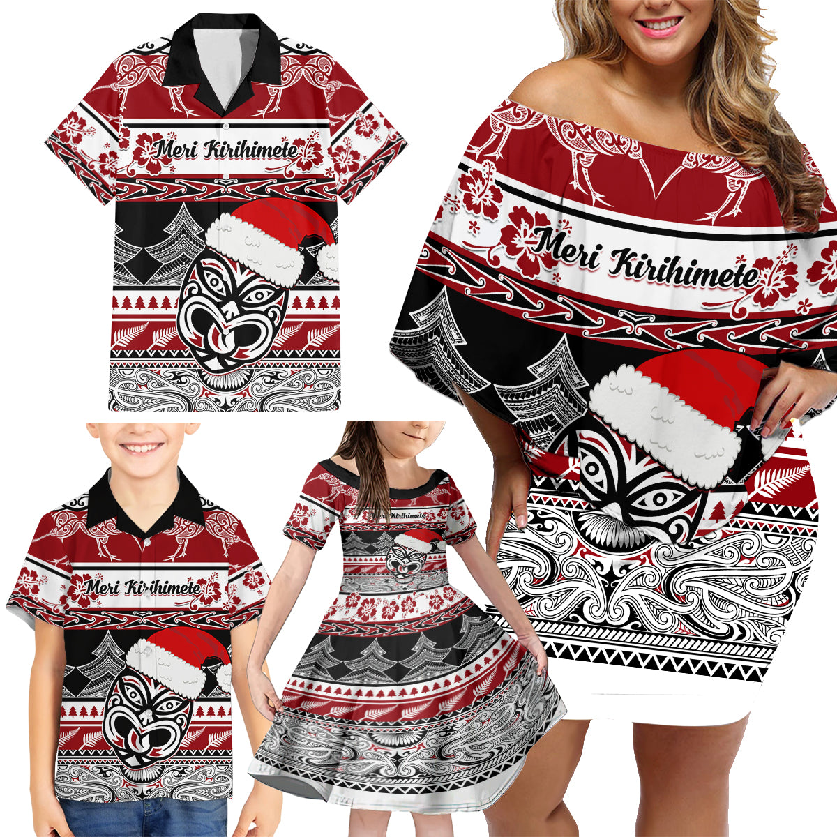 Custom New Zealand Christmas Family Matching Off Shoulder Short Dress and Hawaiian Shirt Maori Meri Kirihimete Moko - Wonder Print Shop
