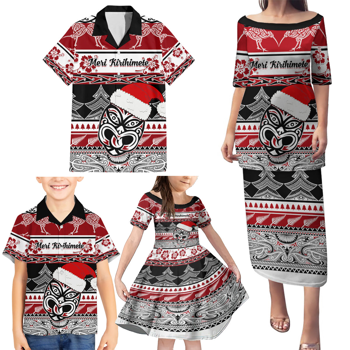 Custom New Zealand Christmas Family Matching Puletasi Dress and Hawaiian Shirt Maori Meri Kirihimete Moko - Wonder Print Shop