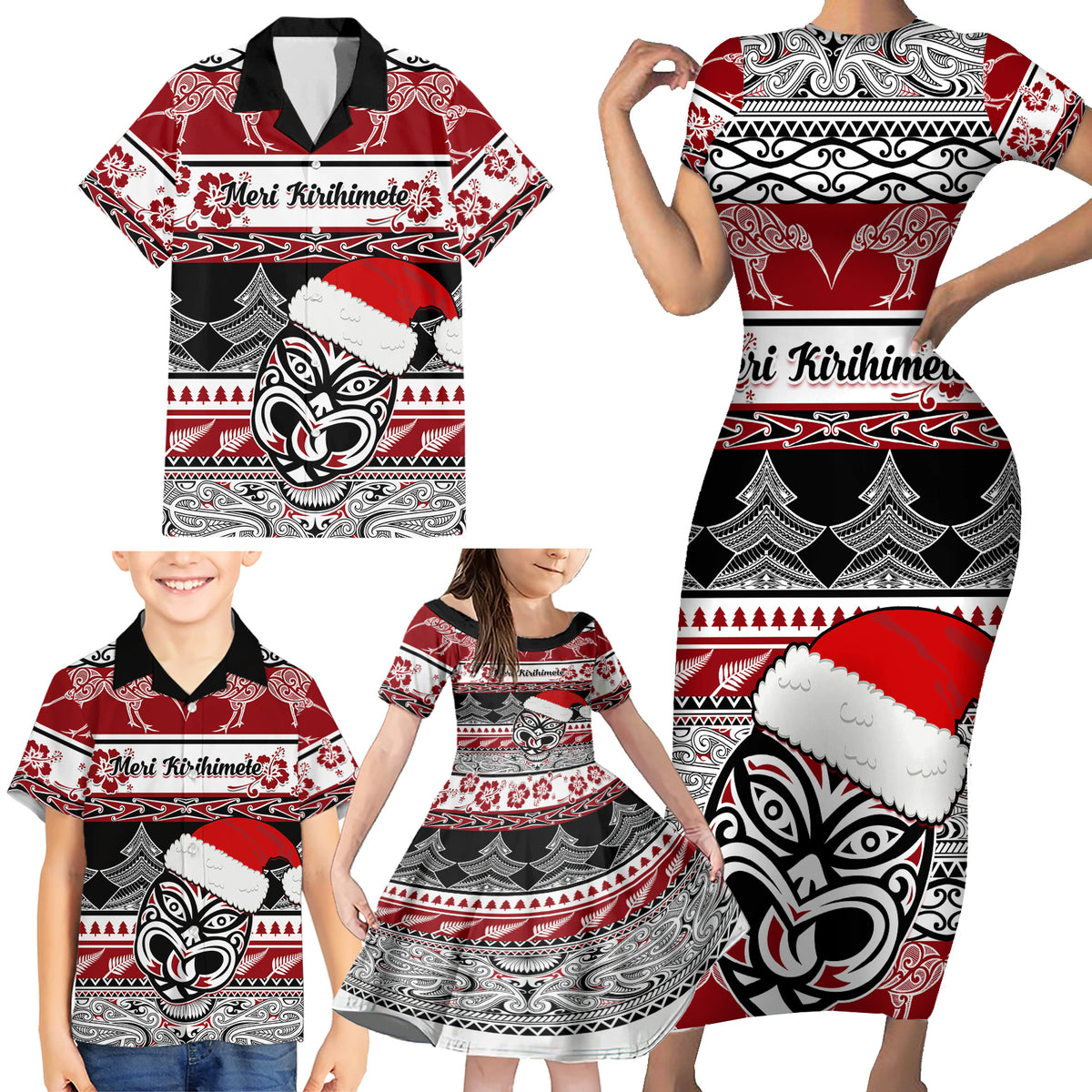 Custom New Zealand Christmas Family Matching Short Sleeve Bodycon Dress and Hawaiian Shirt Maori Meri Kirihimete Moko - Wonder Print Shop