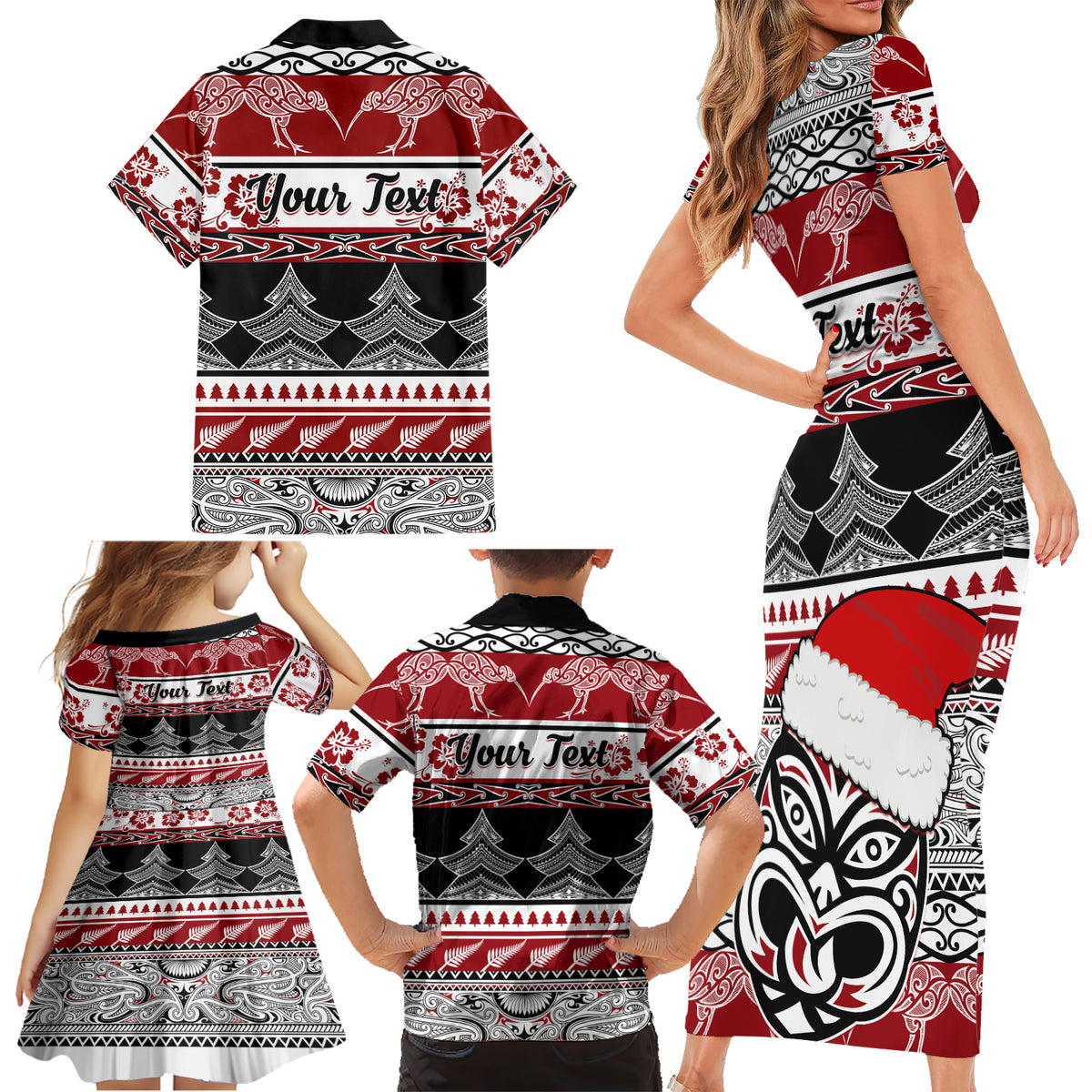 Custom New Zealand Christmas Family Matching Short Sleeve Bodycon Dress and Hawaiian Shirt Maori Meri Kirihimete Moko - Wonder Print Shop
