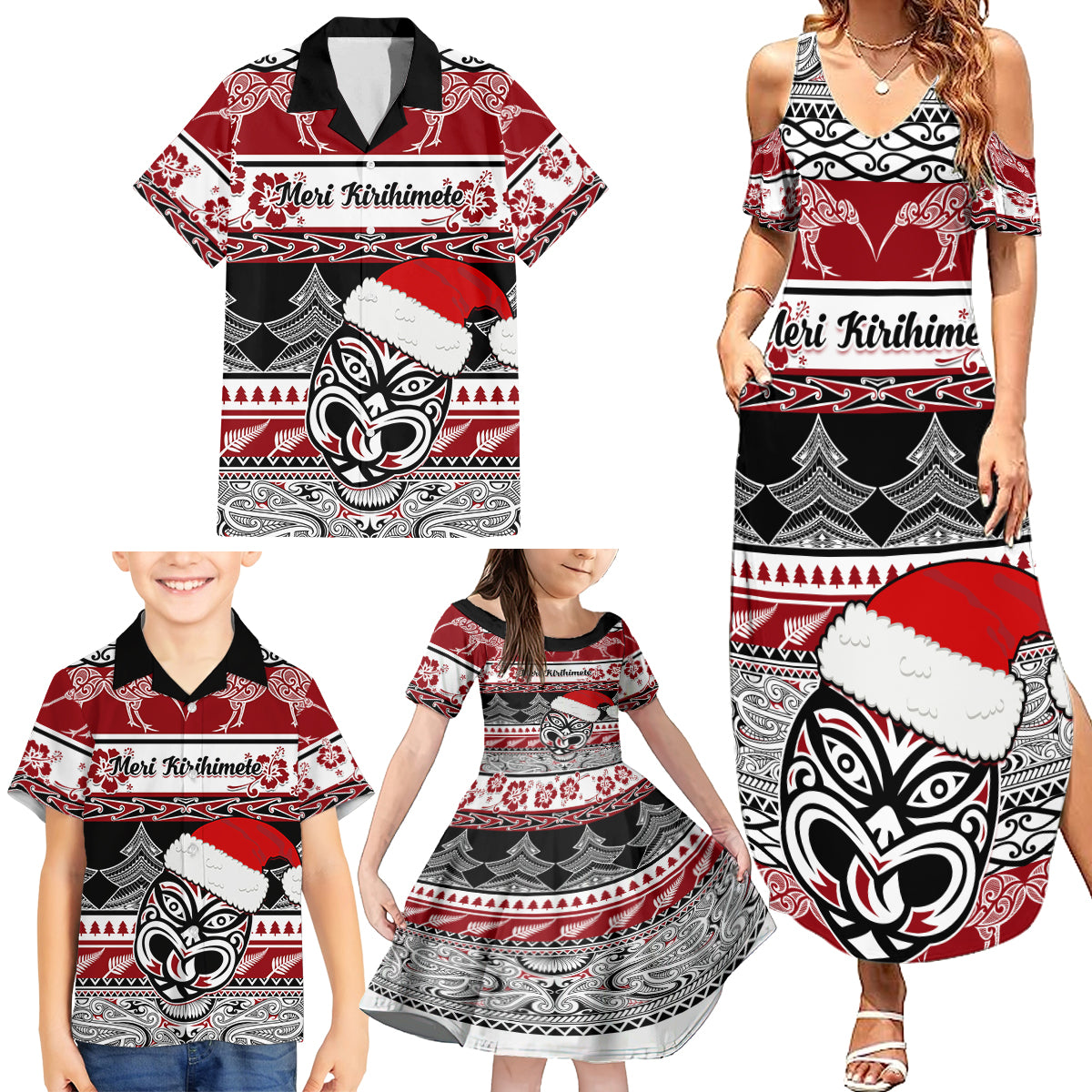 Custom New Zealand Christmas Family Matching Summer Maxi Dress and Hawaiian Shirt Maori Meri Kirihimete Moko - Wonder Print Shop
