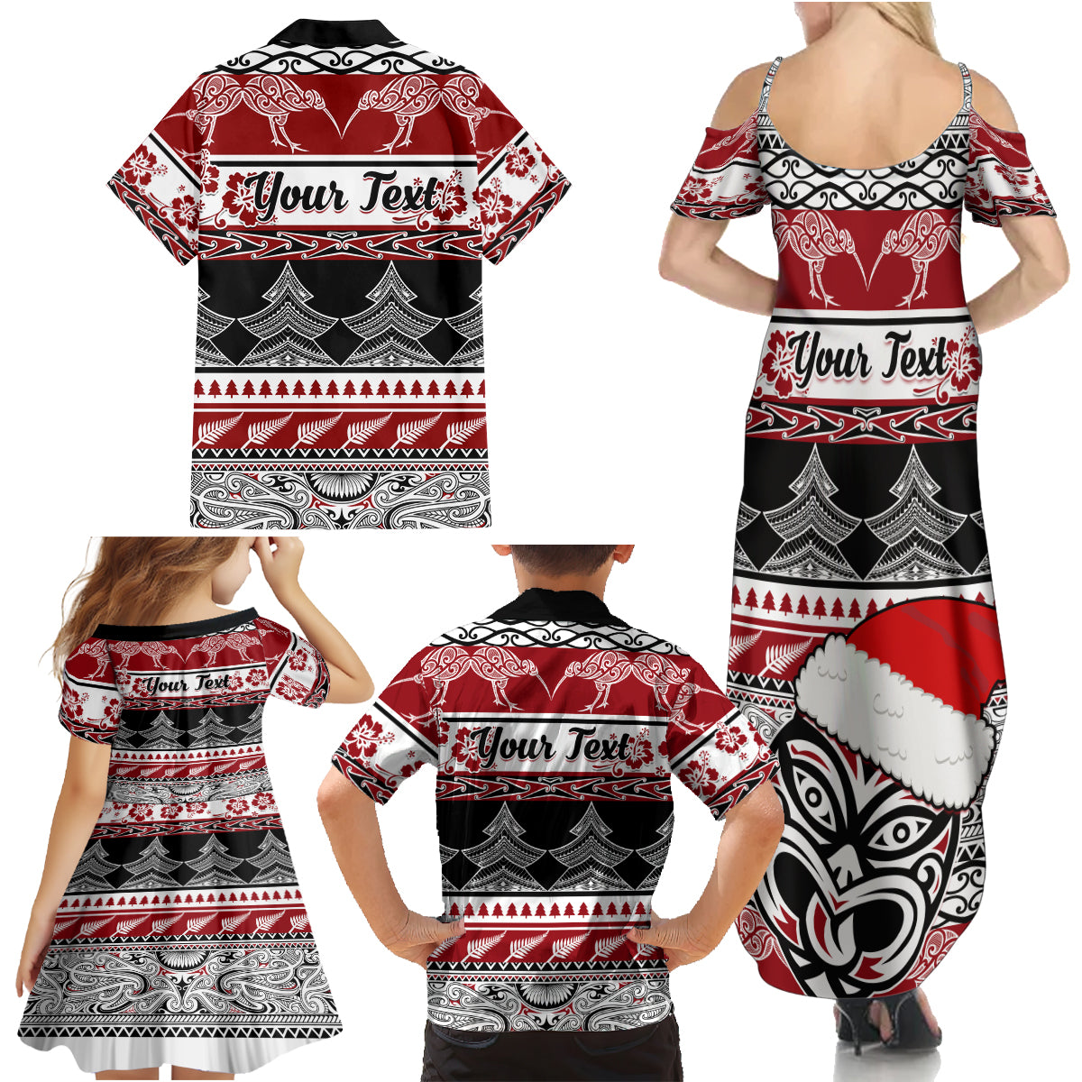 Custom New Zealand Christmas Family Matching Summer Maxi Dress and Hawaiian Shirt Maori Meri Kirihimete Moko - Wonder Print Shop