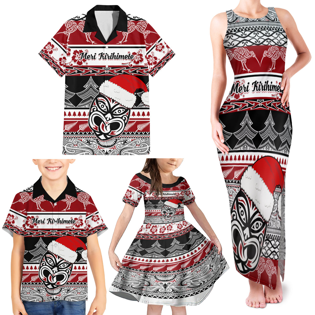 Custom New Zealand Christmas Family Matching Tank Maxi Dress and Hawaiian Shirt Maori Meri Kirihimete Moko - Wonder Print Shop
