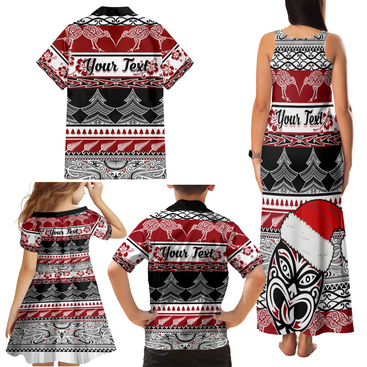 Custom New Zealand Christmas Family Matching Tank Maxi Dress and Hawaiian Shirt Maori Meri Kirihimete Moko - Wonder Print Shop