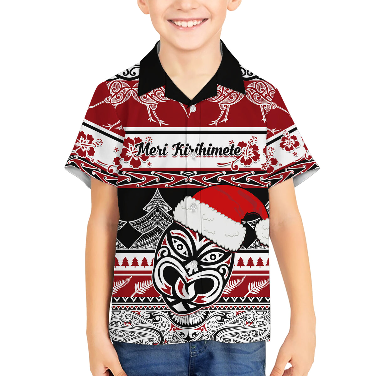 Custom New Zealand Christmas Kid Hawaiian Shirt Maori Meri Kirihimete Moko - Wonder Print Shop