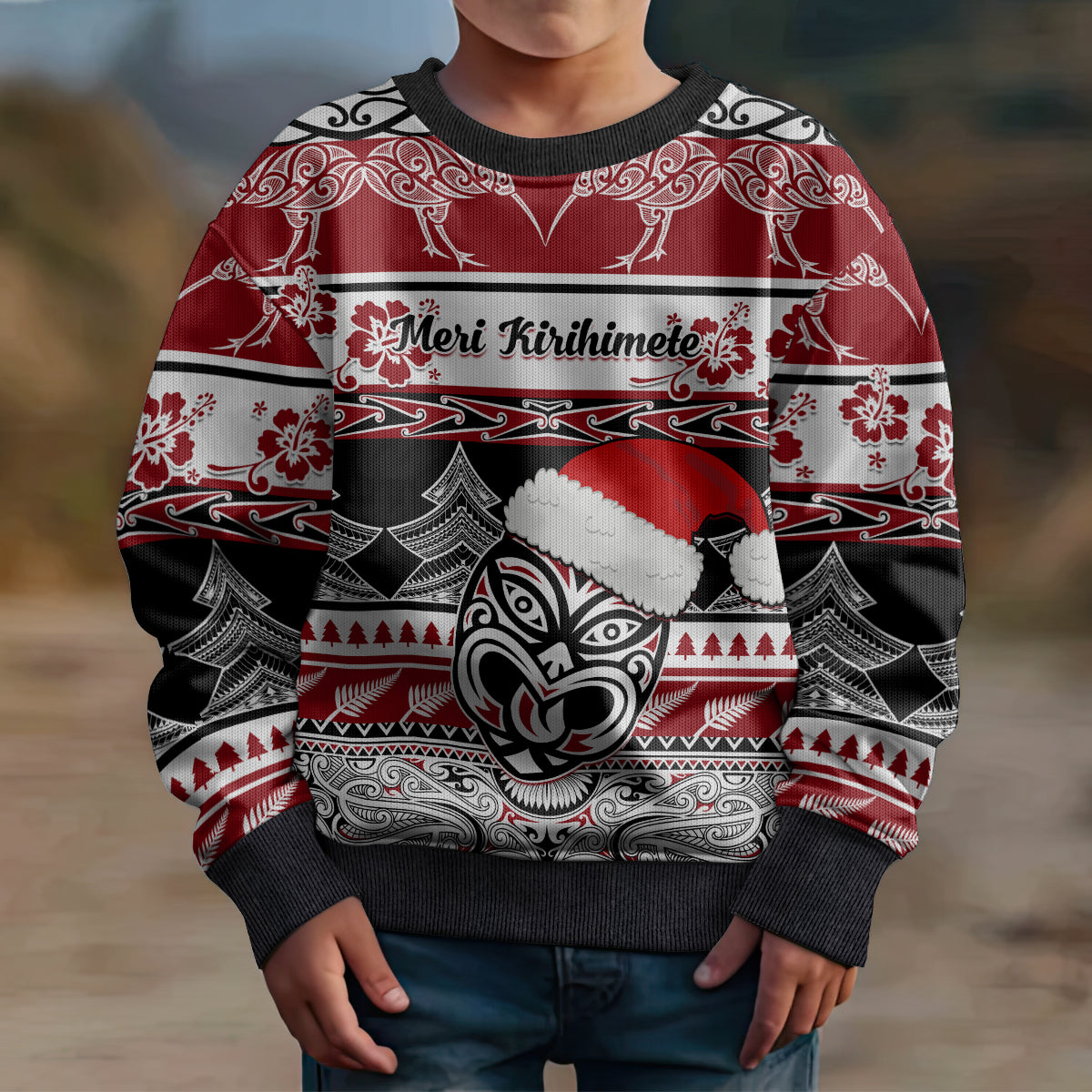 Personalised New Zealand Christmas Kid Ugly Christmas Sweater Maori Meri Kirihimete Moko - Wonder Print Shop