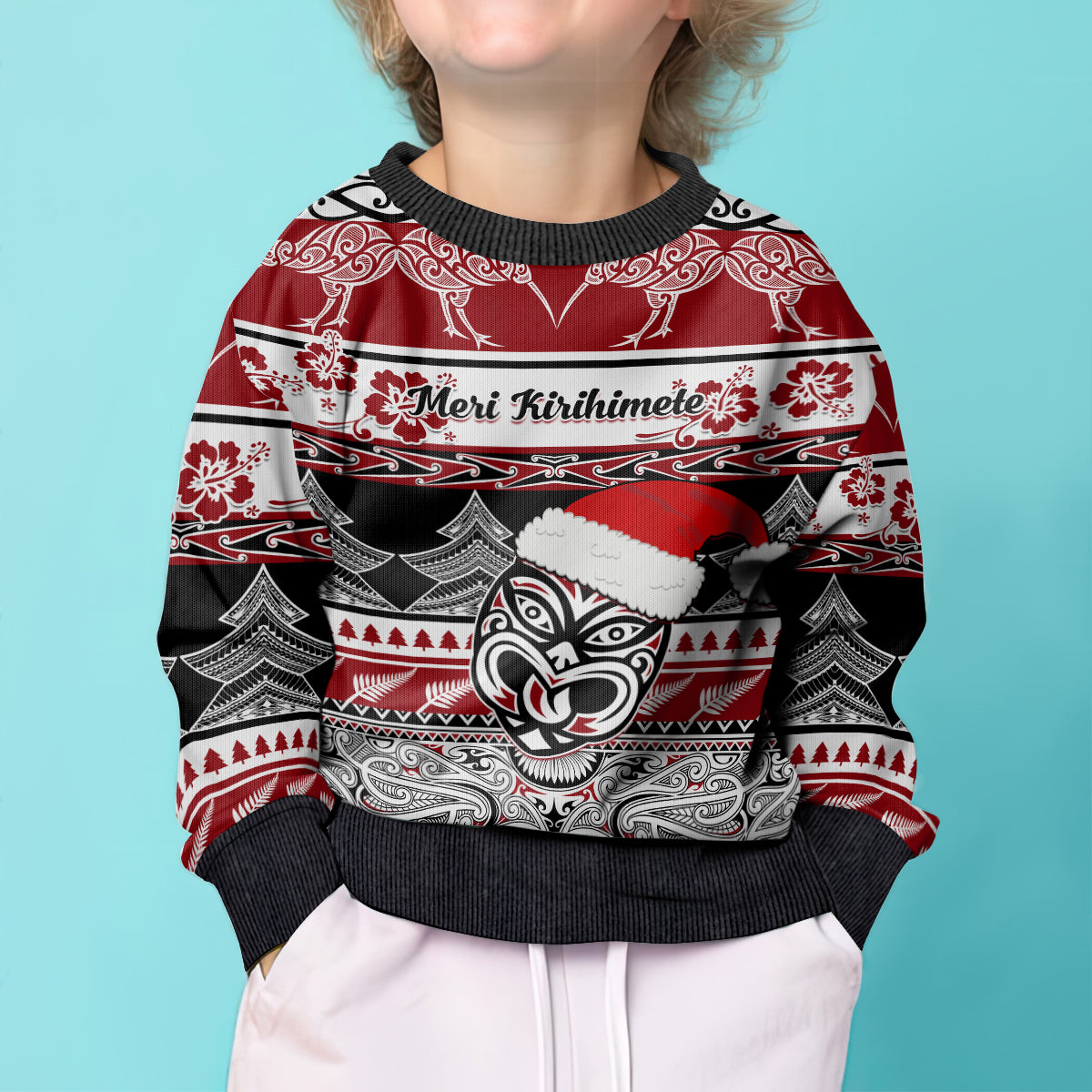 Personalised New Zealand Christmas Kid Ugly Christmas Sweater Maori Meri Kirihimete Moko - Wonder Print Shop