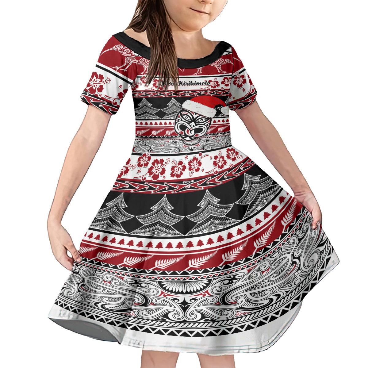Custom New Zealand Christmas Kid Short Sleeve Dress Maori Meri Kirihimete Moko - Wonder Print Shop
