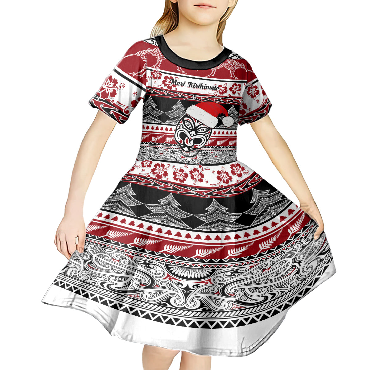 Custom New Zealand Christmas Kid Short Sleeve Dress Maori Meri Kirihimete Moko - Wonder Print Shop