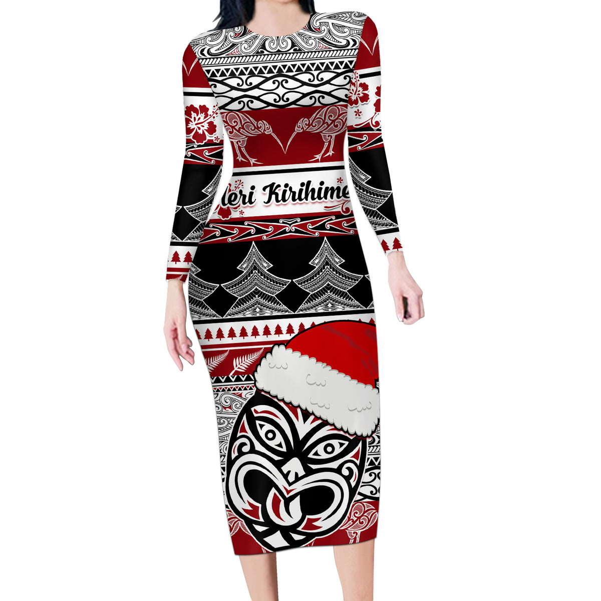 Custom New Zealand Christmas Long Sleeve Bodycon Dress Maori Meri Kirihimete Moko - Wonder Print Shop