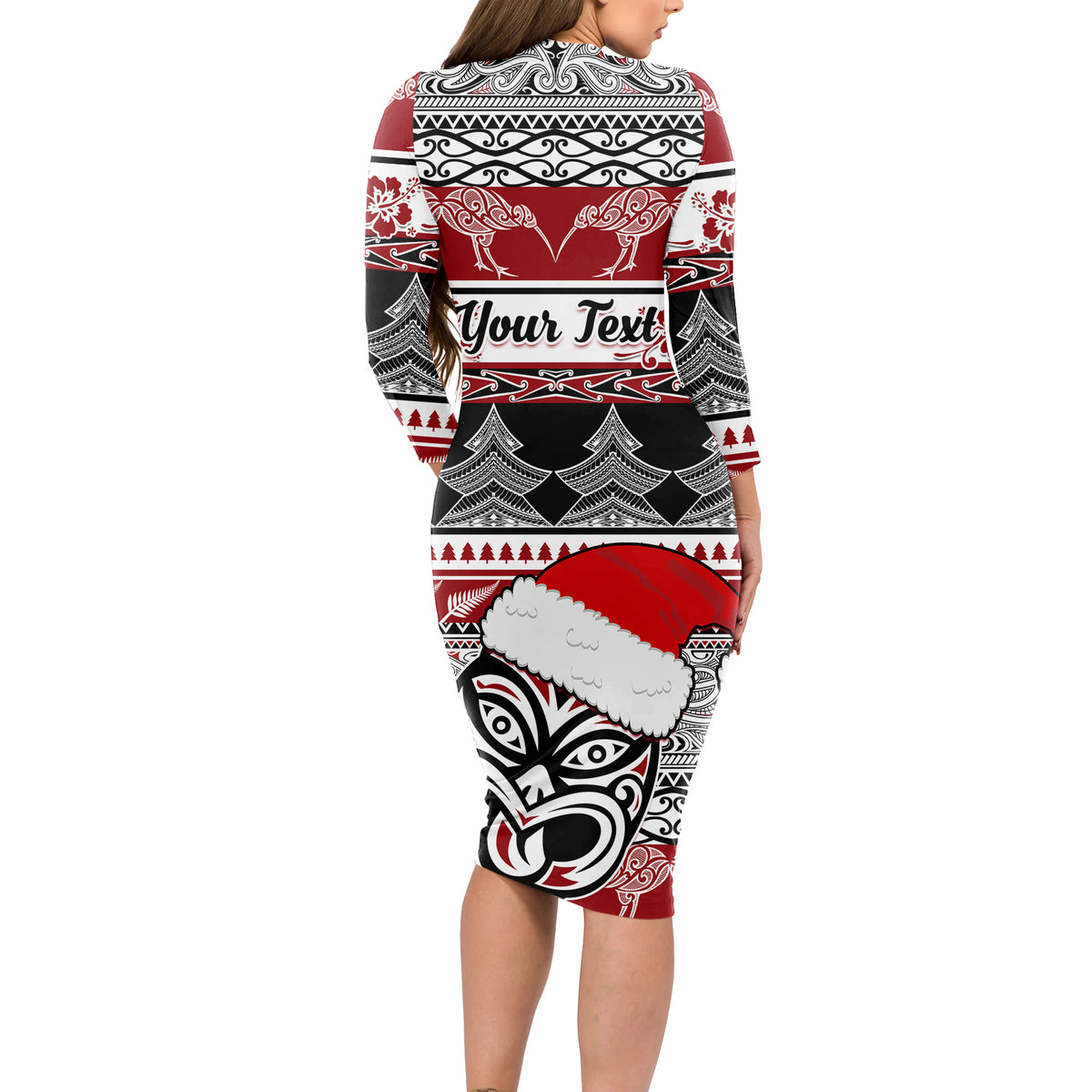 Custom New Zealand Christmas Long Sleeve Bodycon Dress Maori Meri Kirihimete Moko - Wonder Print Shop