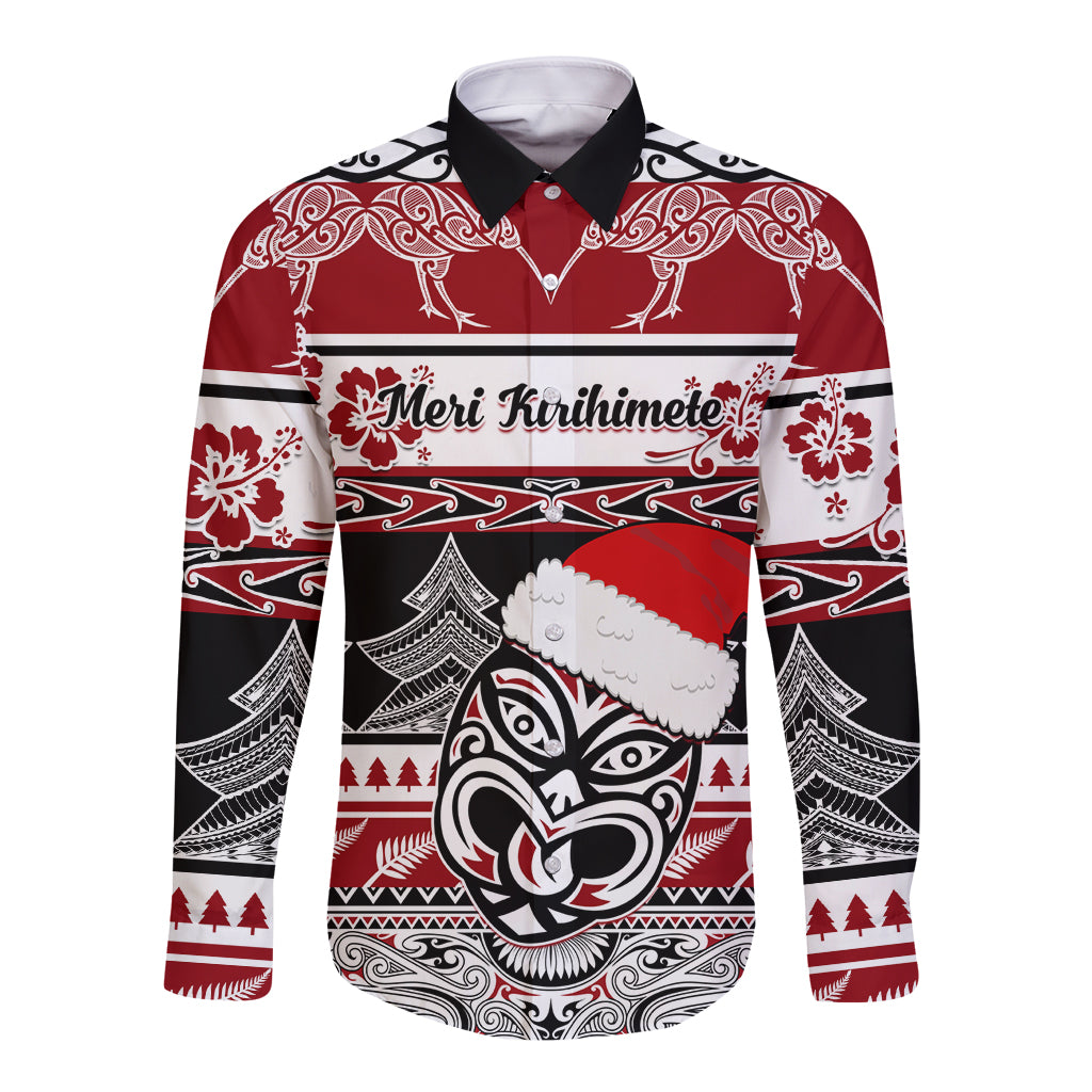 Custom New Zealand Christmas Long Sleeve Button Shirt Maori Meri Kirihimete Moko - Wonder Print Shop