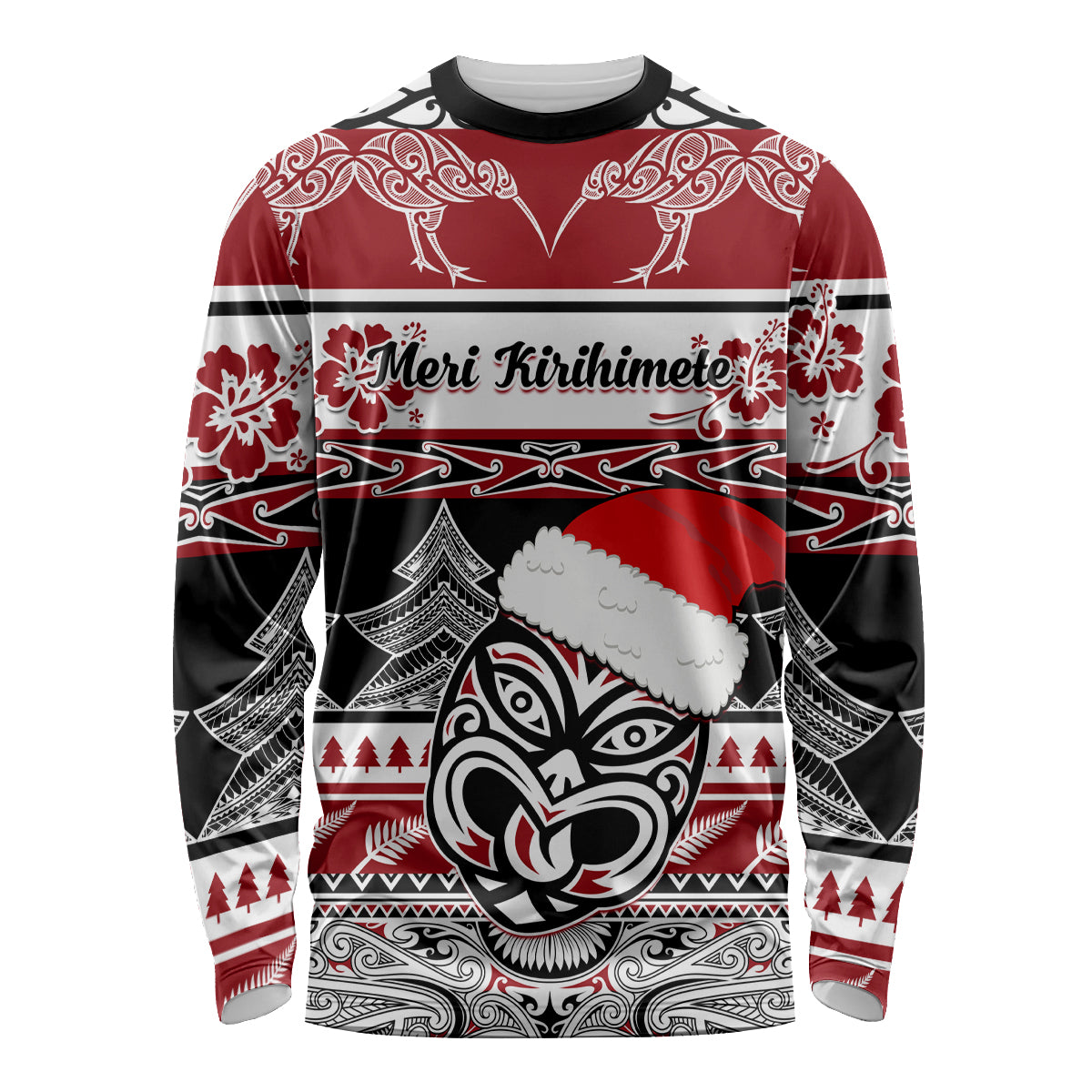 Custom New Zealand Christmas Long Sleeve Shirt Maori Meri Kirihimete Moko - Wonder Print Shop