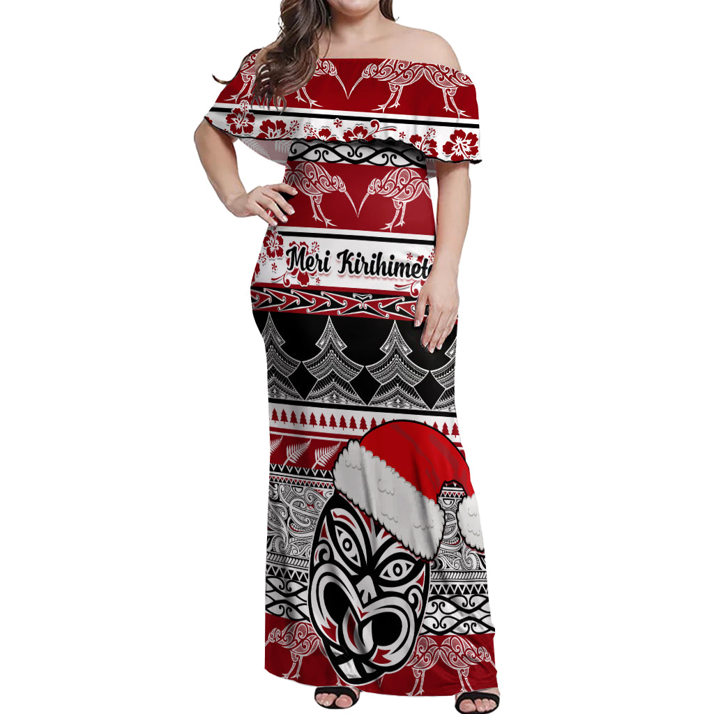 Custom New Zealand Christmas Off Shoulder Maxi Dress Maori Meri Kirihimete Moko - Wonder Print Shop