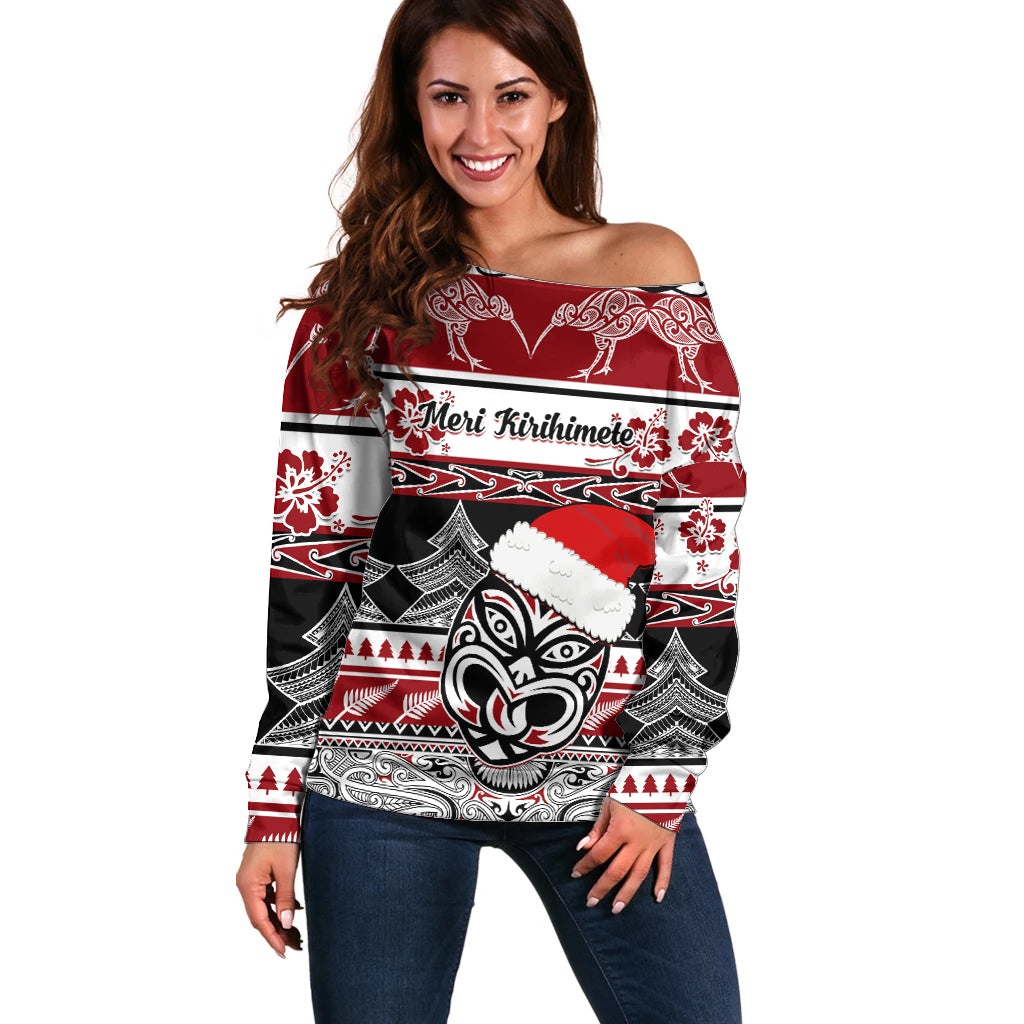Custom New Zealand Christmas Off Shoulder Sweater Maori Meri Kirihimete Moko - Wonder Print Shop