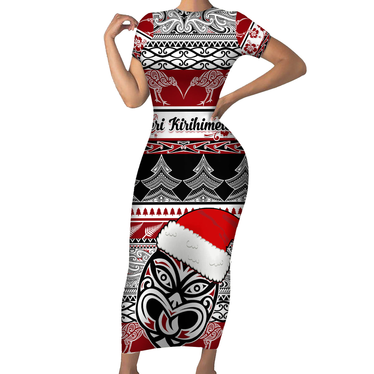 Custom New Zealand Christmas Short Sleeve Bodycon Dress Maori Meri Kirihimete Moko - Wonder Print Shop