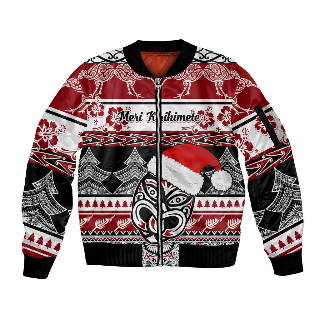 Custom New Zealand Christmas Sleeve Zip Bomber Jacket Maori Meri Kirihimete Moko - Wonder Print Shop