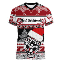 Custom New Zealand Christmas Women V Neck T Shirt Maori Meri Kirihimete Moko - Wonder Print Shop
