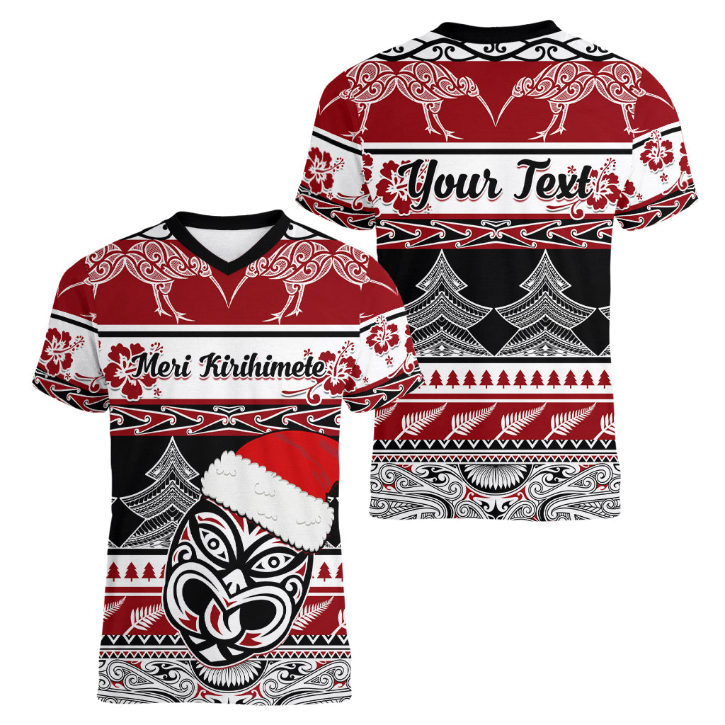 Custom New Zealand Christmas Women V Neck T Shirt Maori Meri Kirihimete Moko - Wonder Print Shop