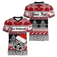 Custom New Zealand Christmas Women V Neck T Shirt Maori Meri Kirihimete Moko - Wonder Print Shop