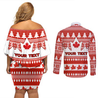 Custom Canada Christmas Couples Matching Off Shoulder Short Dress and Long Sleeve Button Shirt Maple Leaf Unique Style - Wonder Print Shop