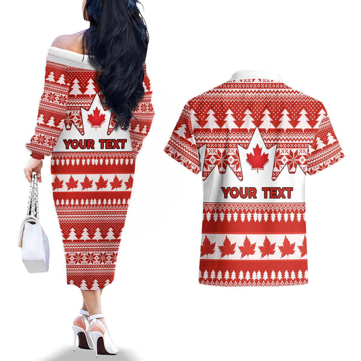 Custom Canada Christmas Couples Matching Off The Shoulder Long Sleeve Dress and Hawaiian Shirt Maple Leaf Unique Style - Wonder Print Shop
