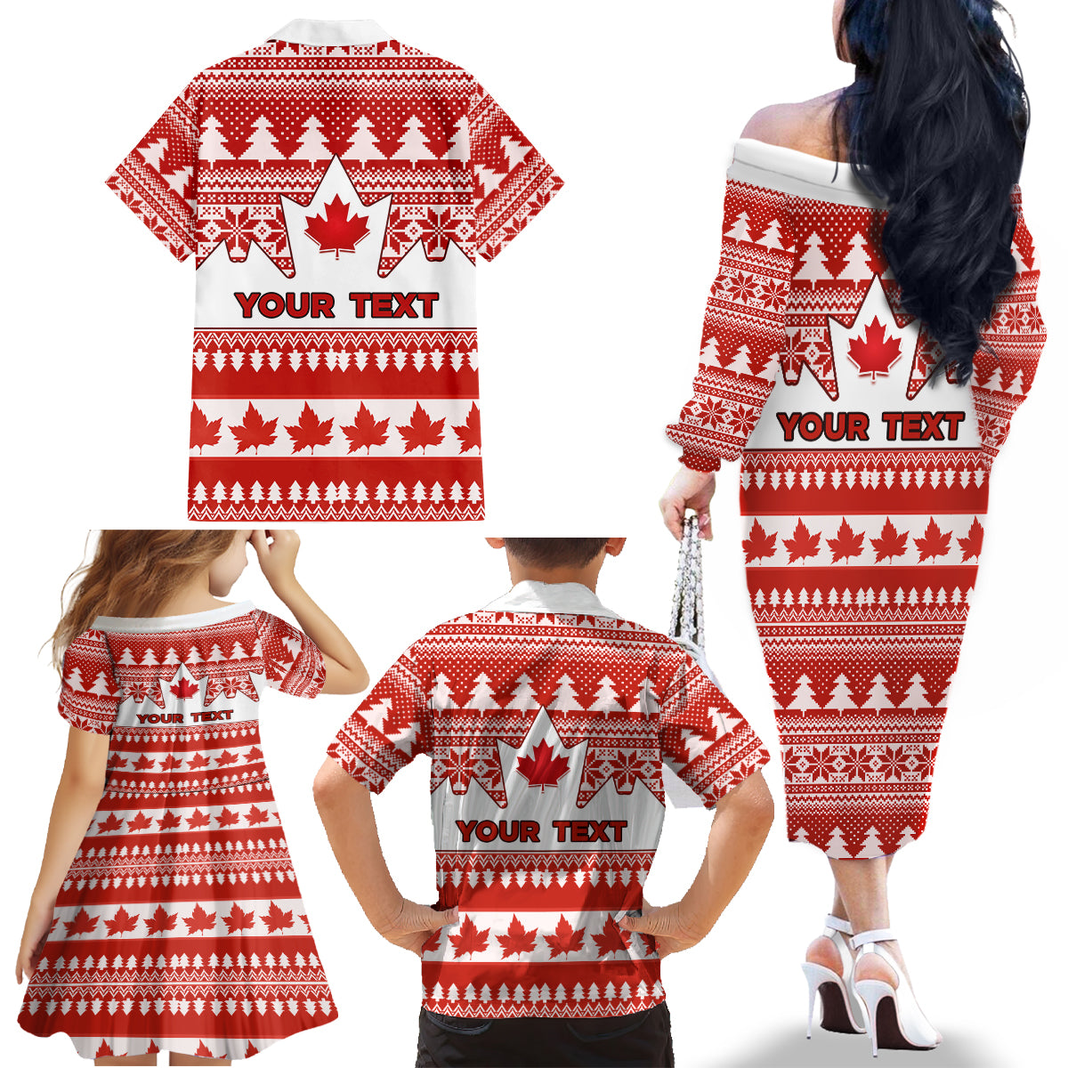 Custom Canada Christmas Family Matching Off Shoulder Long Sleeve Dress and Hawaiian Shirt Maple Leaf Unique Style - Wonder Print Shop