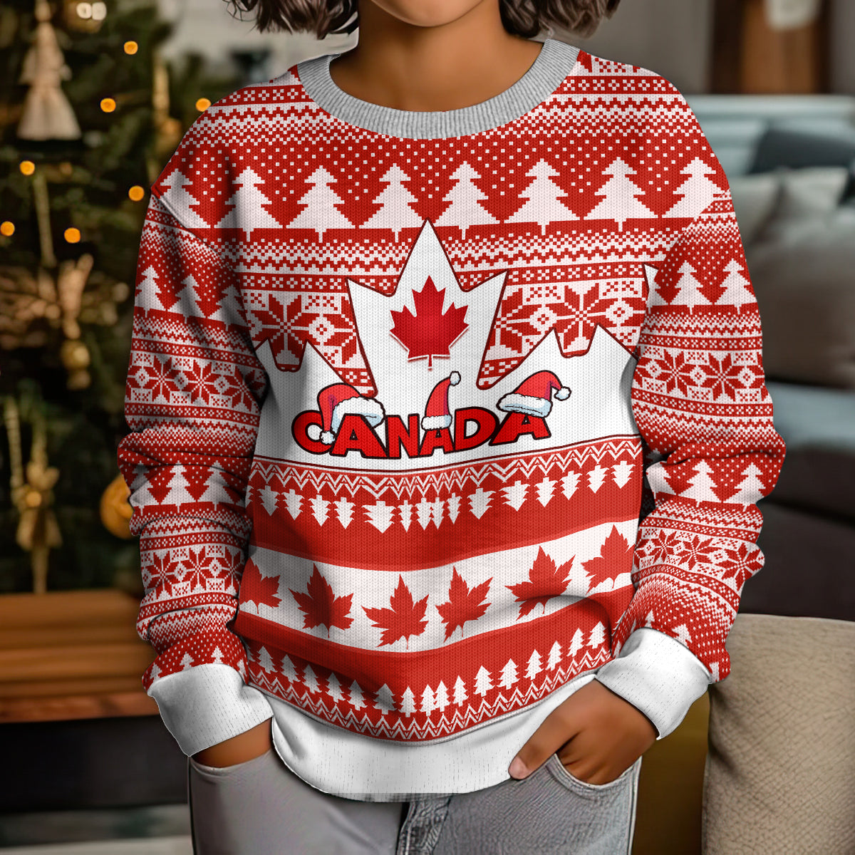 Personalised Canada Christmas Kid Ugly Christmas Sweater Maple Leaf Unique Style - Wonder Print Shop