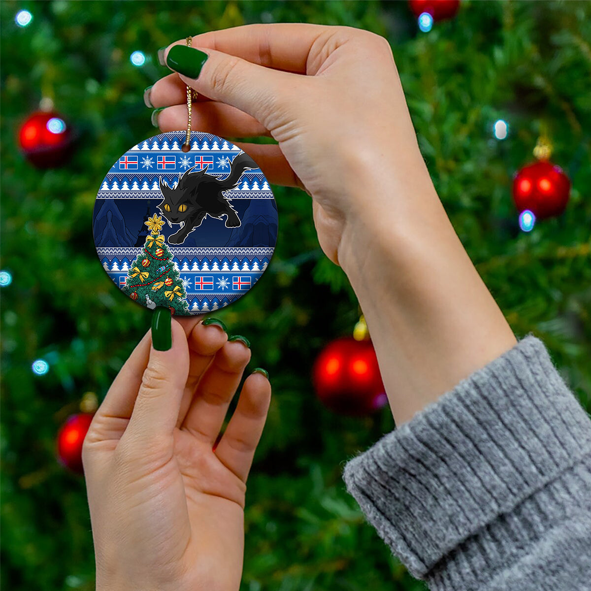 Iceland Christmas Ceramic Ornament Yule Cat With Xmas Tree - Wonder Print Shop