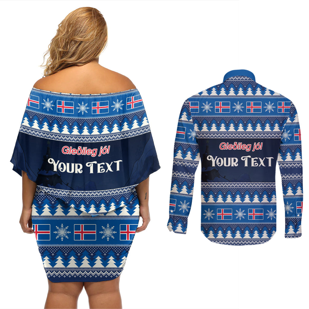 Custom Iceland Christmas Couples Matching Off Shoulder Short Dress and Long Sleeve Button Shirt Yule Cat With Xmas Tree - Wonder Print Shop