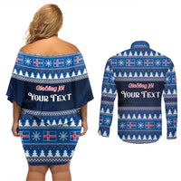 Custom Iceland Christmas Couples Matching Off Shoulder Short Dress and Long Sleeve Button Shirt Yule Cat With Xmas Tree - Wonder Print Shop