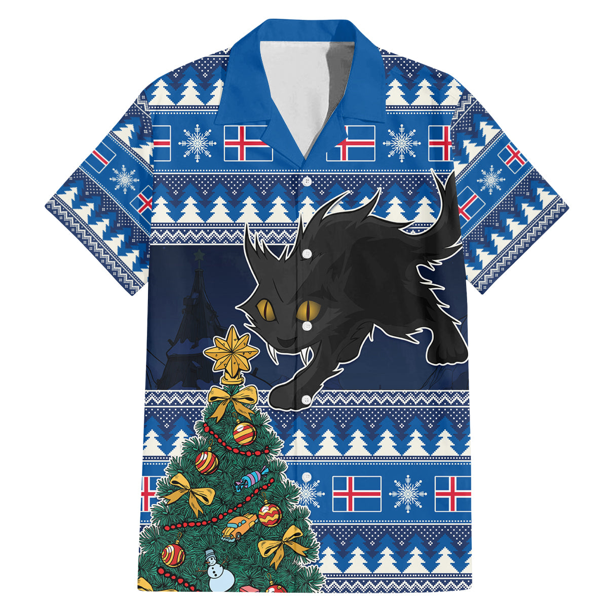 Custom Iceland Christmas Family Matching Mermaid Dress and Hawaiian Shirt Yule Cat With Xmas Tree - Wonder Print Shop