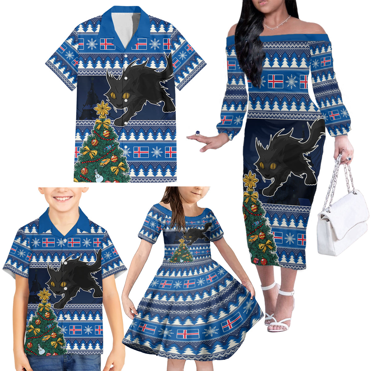 Custom Iceland Christmas Family Matching Off Shoulder Long Sleeve Dress and Hawaiian Shirt Yule Cat With Xmas Tree - Wonder Print Shop