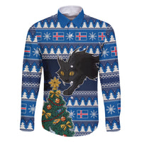 Custom Iceland Christmas Family Matching Off Shoulder Long Sleeve Dress and Hawaiian Shirt Yule Cat With Xmas Tree - Wonder Print Shop