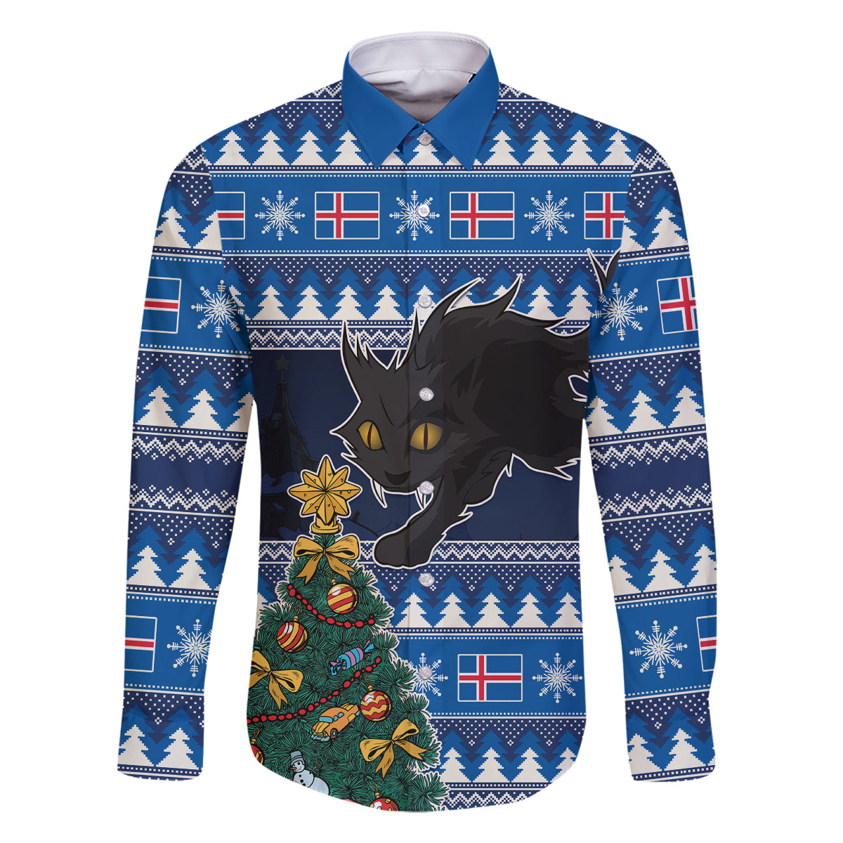 Custom Iceland Christmas Family Matching Off Shoulder Maxi Dress and Hawaiian Shirt Yule Cat With Xmas Tree - Wonder Print Shop