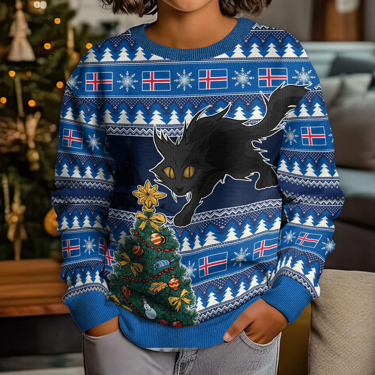 Personalised Iceland Christmas Kid Ugly Christmas Sweater Yule Cat With Xmas Tree - Wonder Print Shop