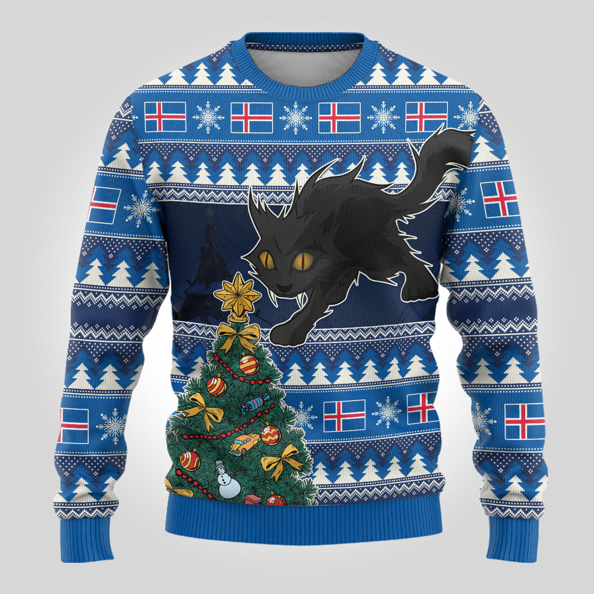 Personalised Iceland Christmas Ugly Christmas Sweater Yule Cat With Xmas Tree - Wonder Print Shop