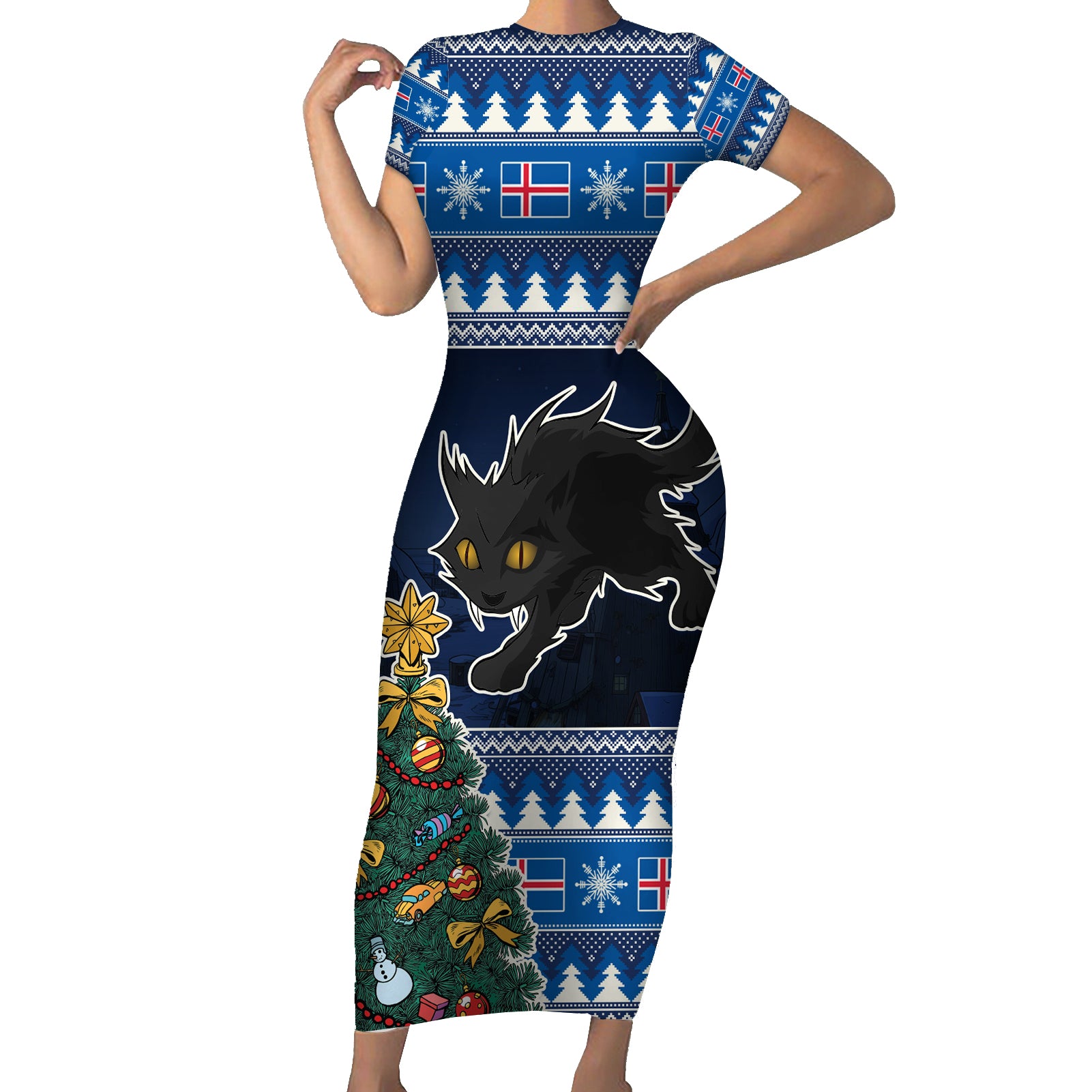 Custom Iceland Christmas Short Sleeve Bodycon Dress Yule Cat With Xmas Tree - Wonder Print Shop