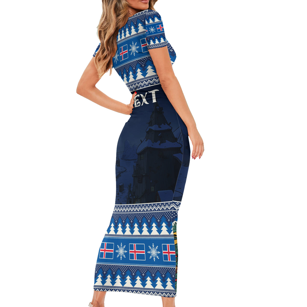 Custom Iceland Christmas Short Sleeve Bodycon Dress Yule Cat With Xmas Tree - Wonder Print Shop