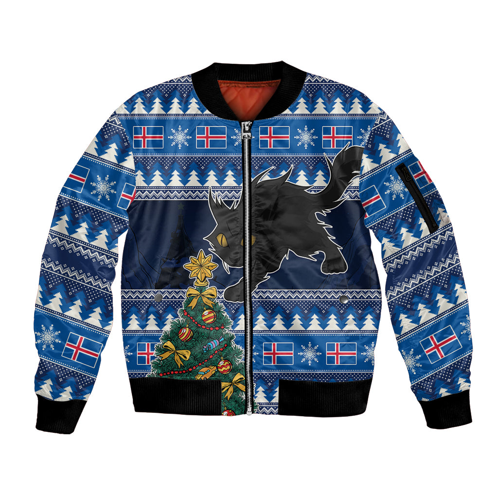 Custom Iceland Christmas Sleeve Zip Bomber Jacket Yule Cat With Xmas Tree - Wonder Print Shop