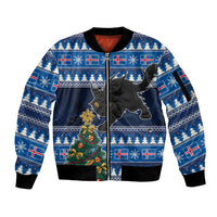 Custom Iceland Christmas Sleeve Zip Bomber Jacket Yule Cat With Xmas Tree - Wonder Print Shop