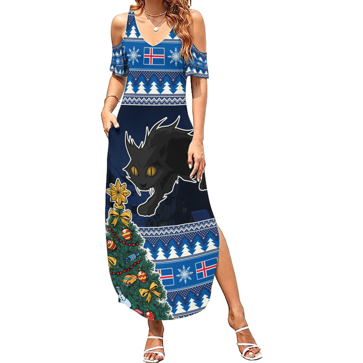 Custom Iceland Christmas Summer Maxi Dress Yule Cat With Xmas Tree - Wonder Print Shop
